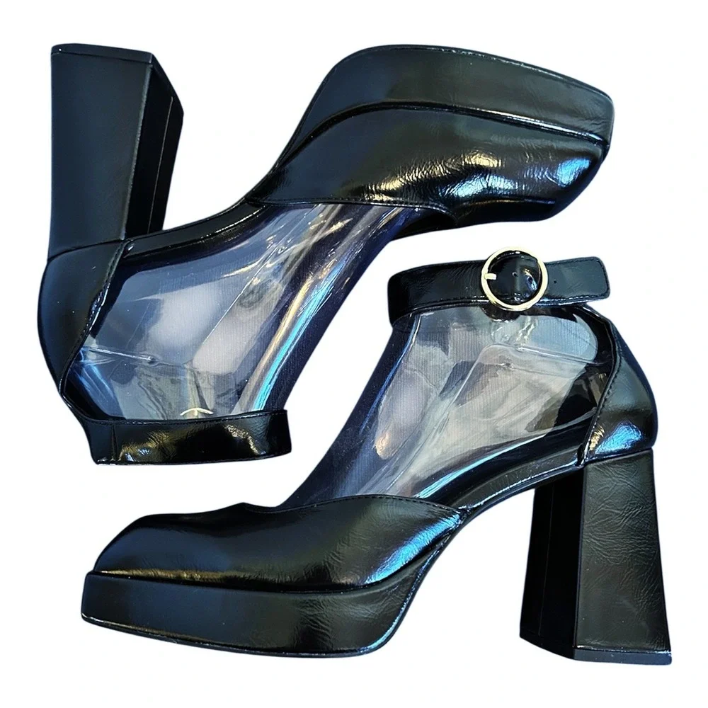Chinese Laundry Platform Pumps Shoes 8.5 Black Square Toe Block Heel 90s Y2K NEW